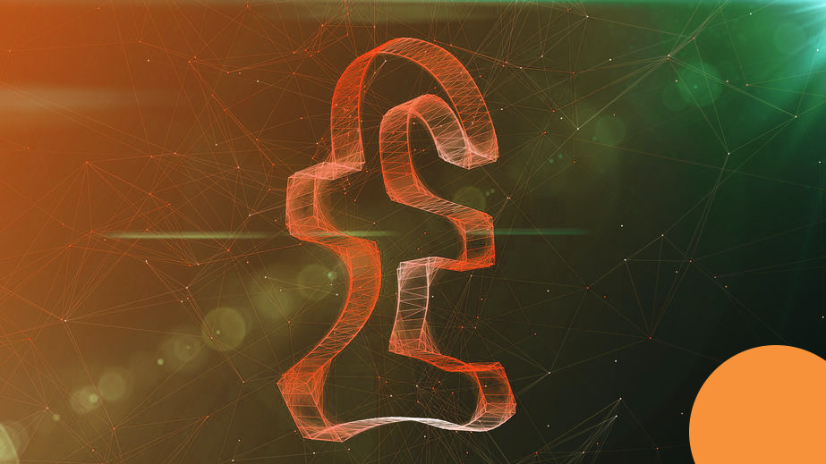 A wonderful 3d illustration of a beaming crystal pound sign spinning aside. It is located in the center of a khaki and green cyberspace with thin internet connections.